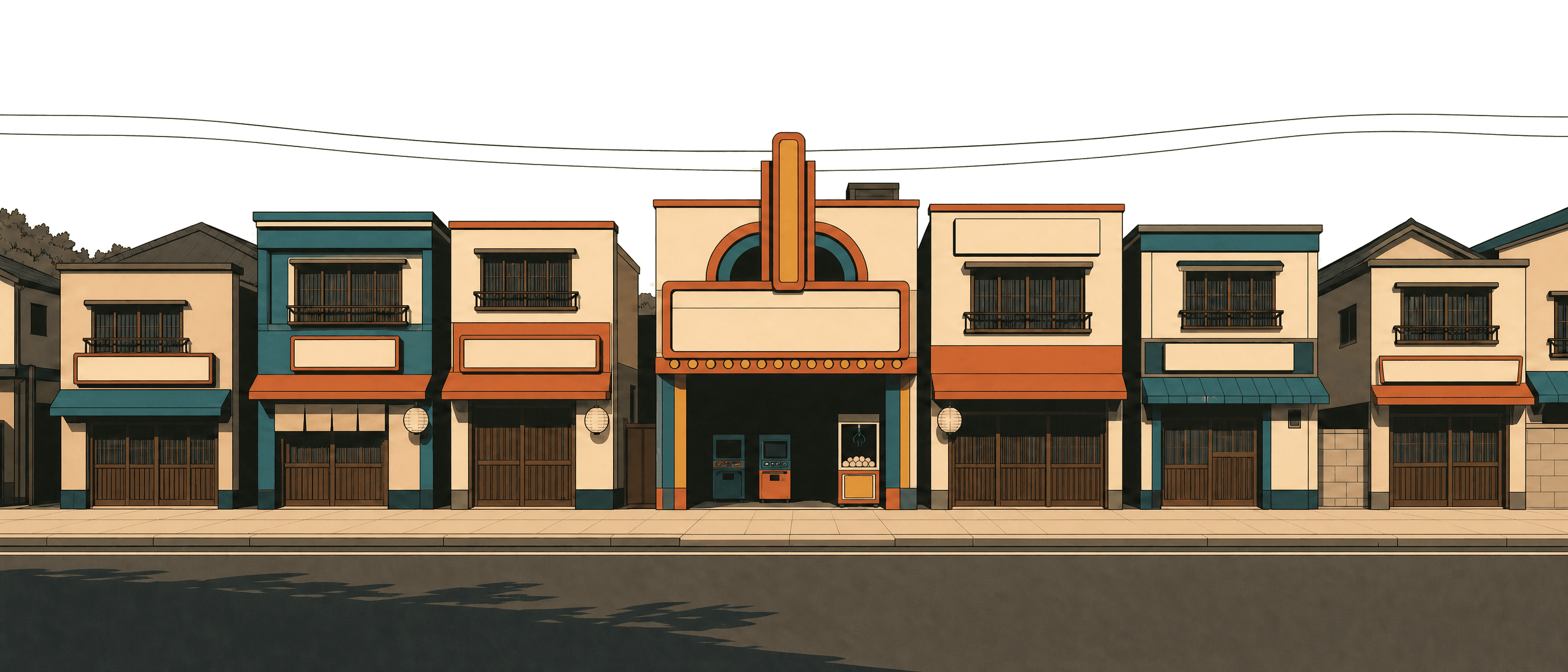 A flat-illustrated shopping street at dusk